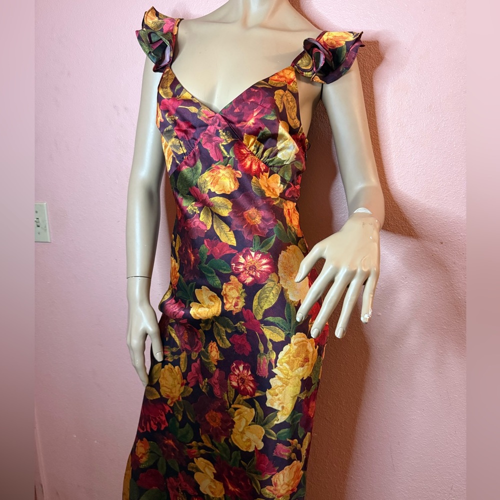 Windsor Floral Satin Maxi Dress – Ruffle Strap Garden Print